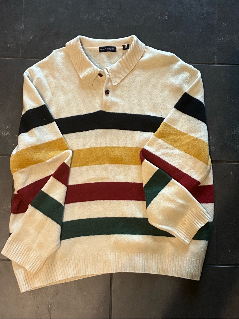 Grant Thomas Cream V‑Neck Polo Stripe Sweater - Multicolor Stripes